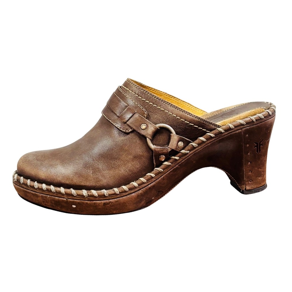 Frye Charlotte Brown Leather Harness Whipstitch Clogs Mules Heels 10M 70771